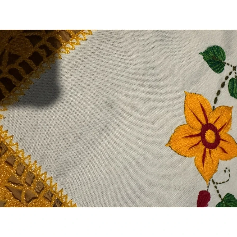 Vintage Hand Embroidered Linen Tablet Topper Crochet Lace Floral Cottagecore